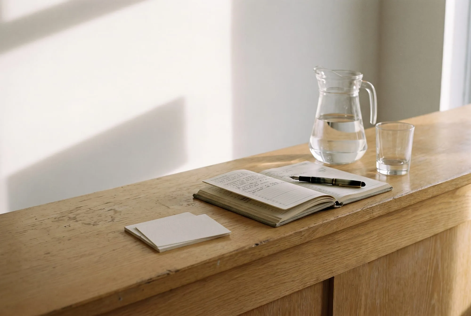 Reception counter with a glass jug of water and an appointment book